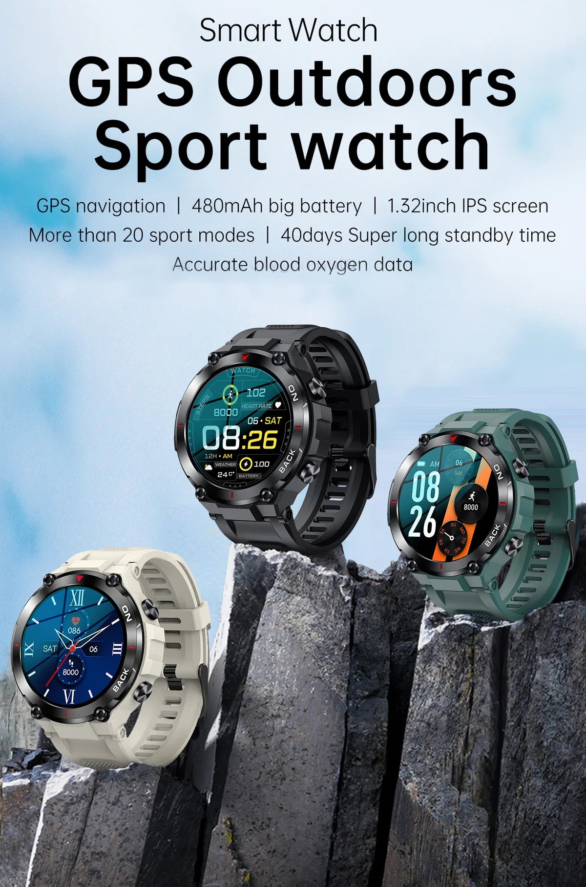 GPS Men Outdoor Sports Fitness Smartwatch.