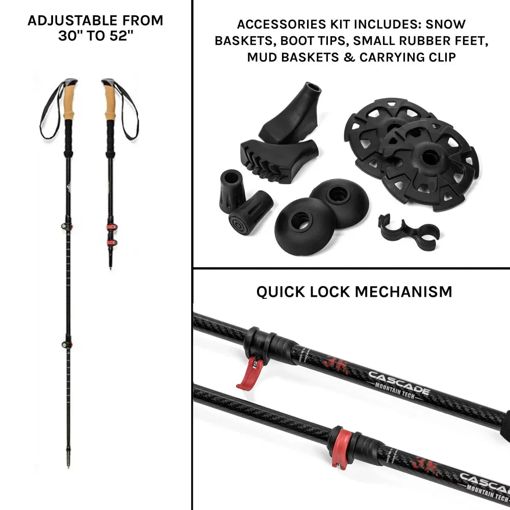 3K Carbon Fiber Quick Lock Collapsible Cork Grip Trekking Poles.