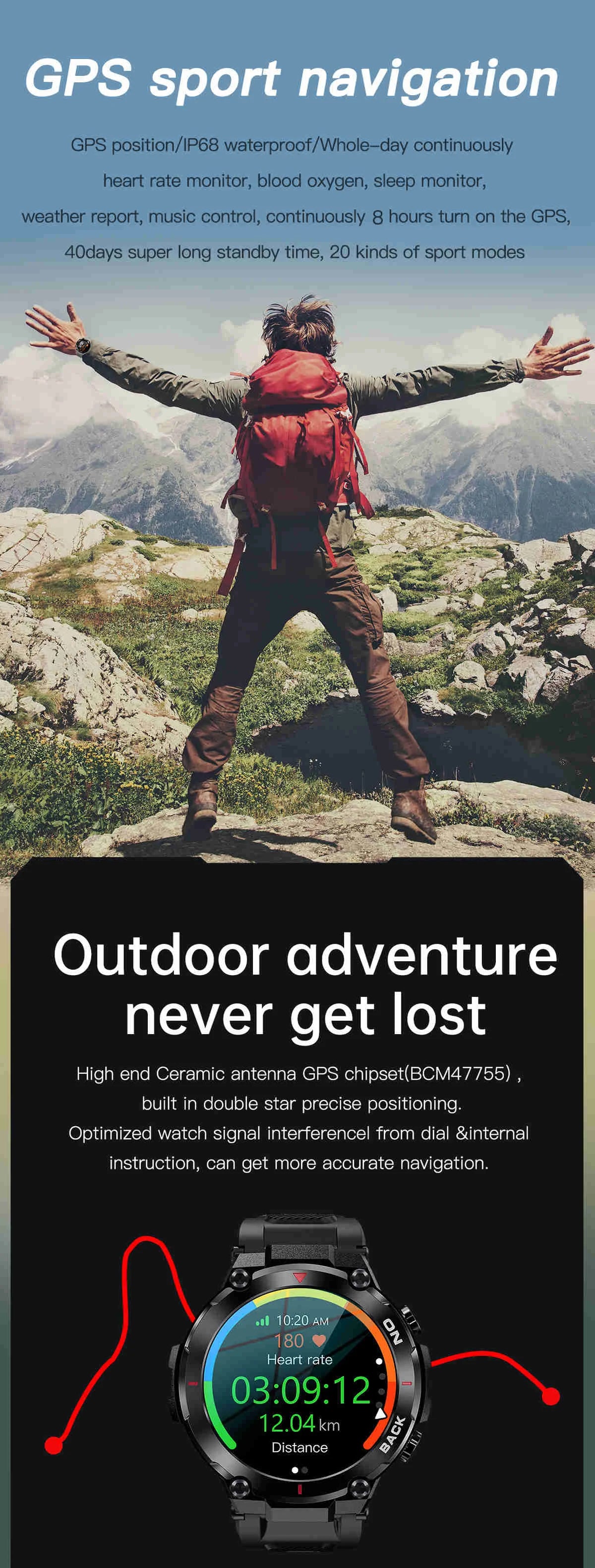 GPS Men Outdoor Sports Fitness Smartwatch.