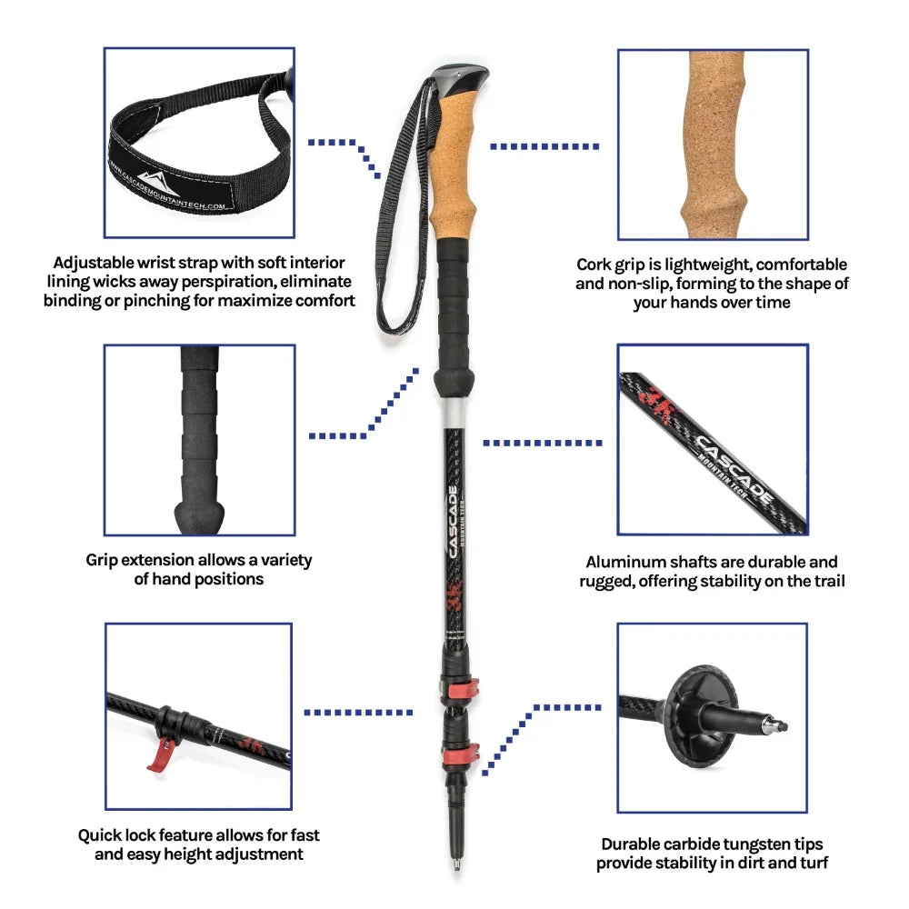 3K Carbon Fiber Quick Lock Collapsible Cork Grip Trekking Poles.