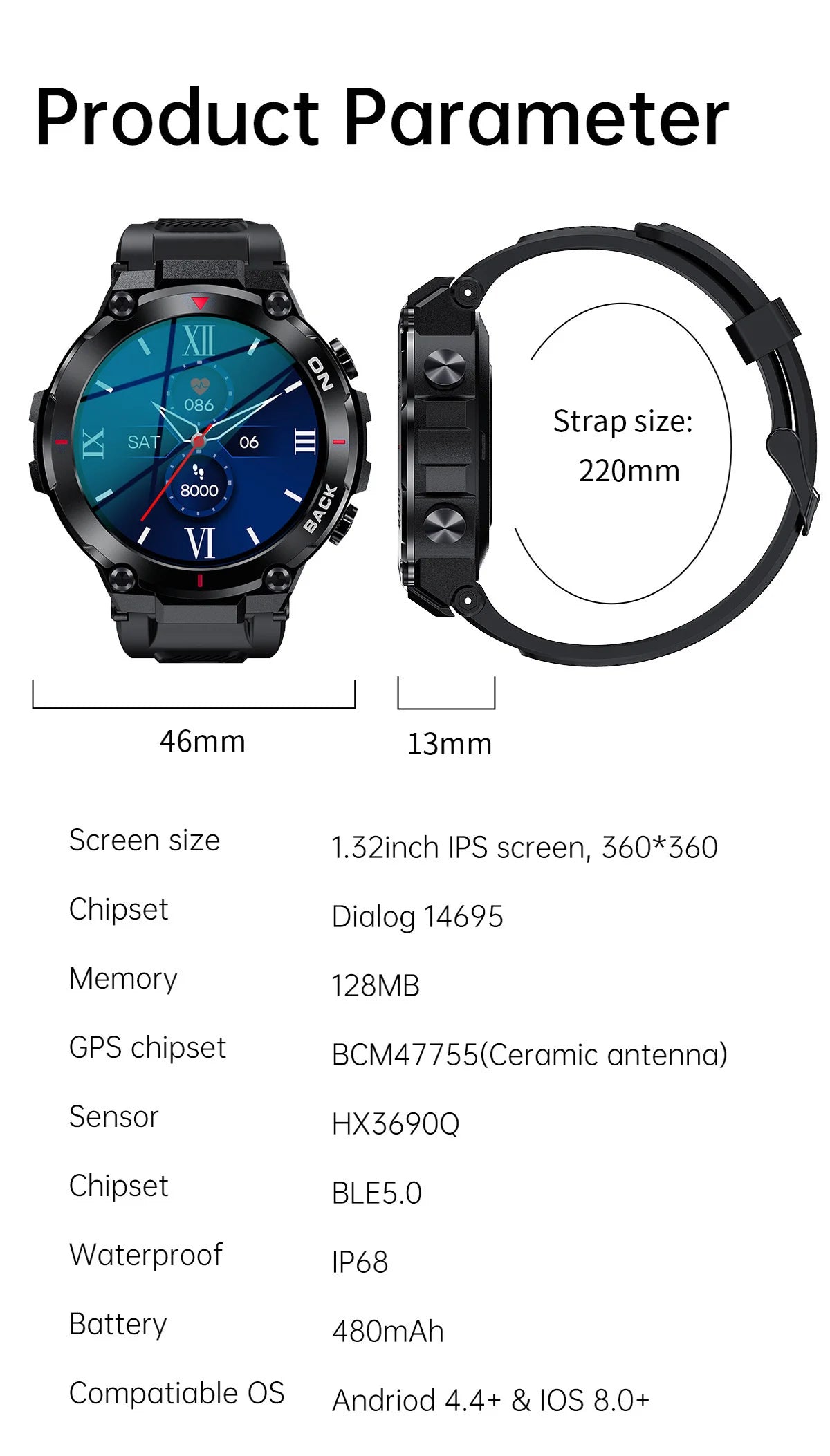 GPS Men Outdoor Sports Fitness Smartwatch.
