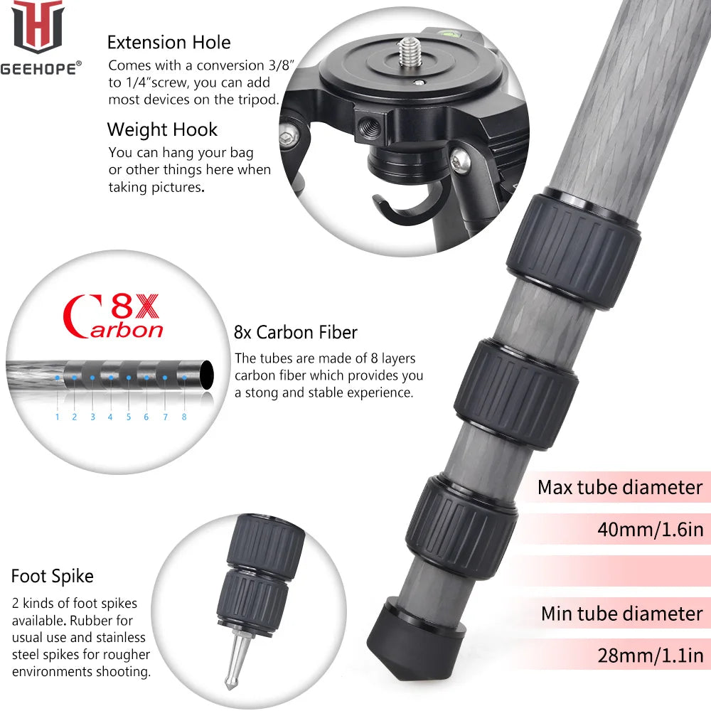 Professional Heavy Carbon Fiber Camera Tripod With Bird Watching Bracket 4