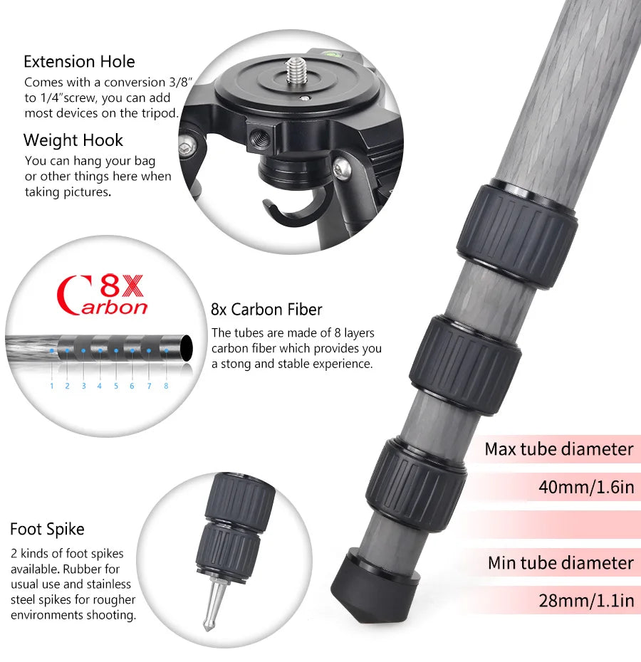 Professional Heavy Carbon Fiber Camera Tripod With Bird Watching Bracket 4