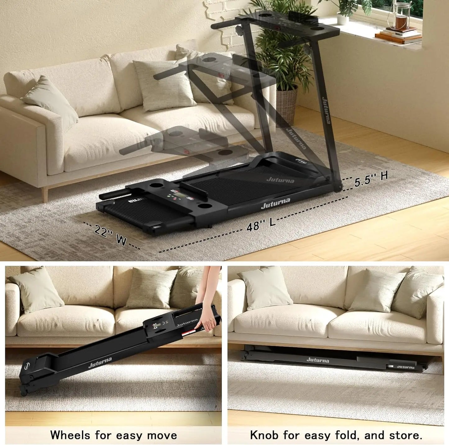 Portable 3.0 HP Compact Folding Treadmill for Home Office