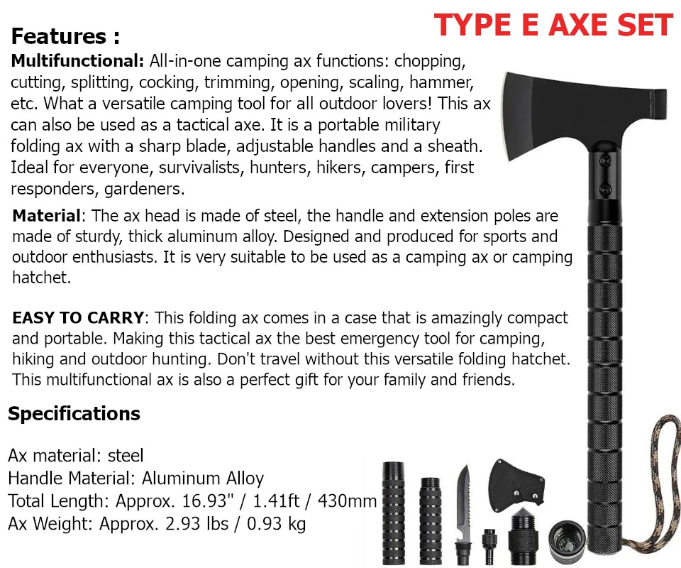 Foldable Camping And Tactical Axe Multi Tool Kit.
