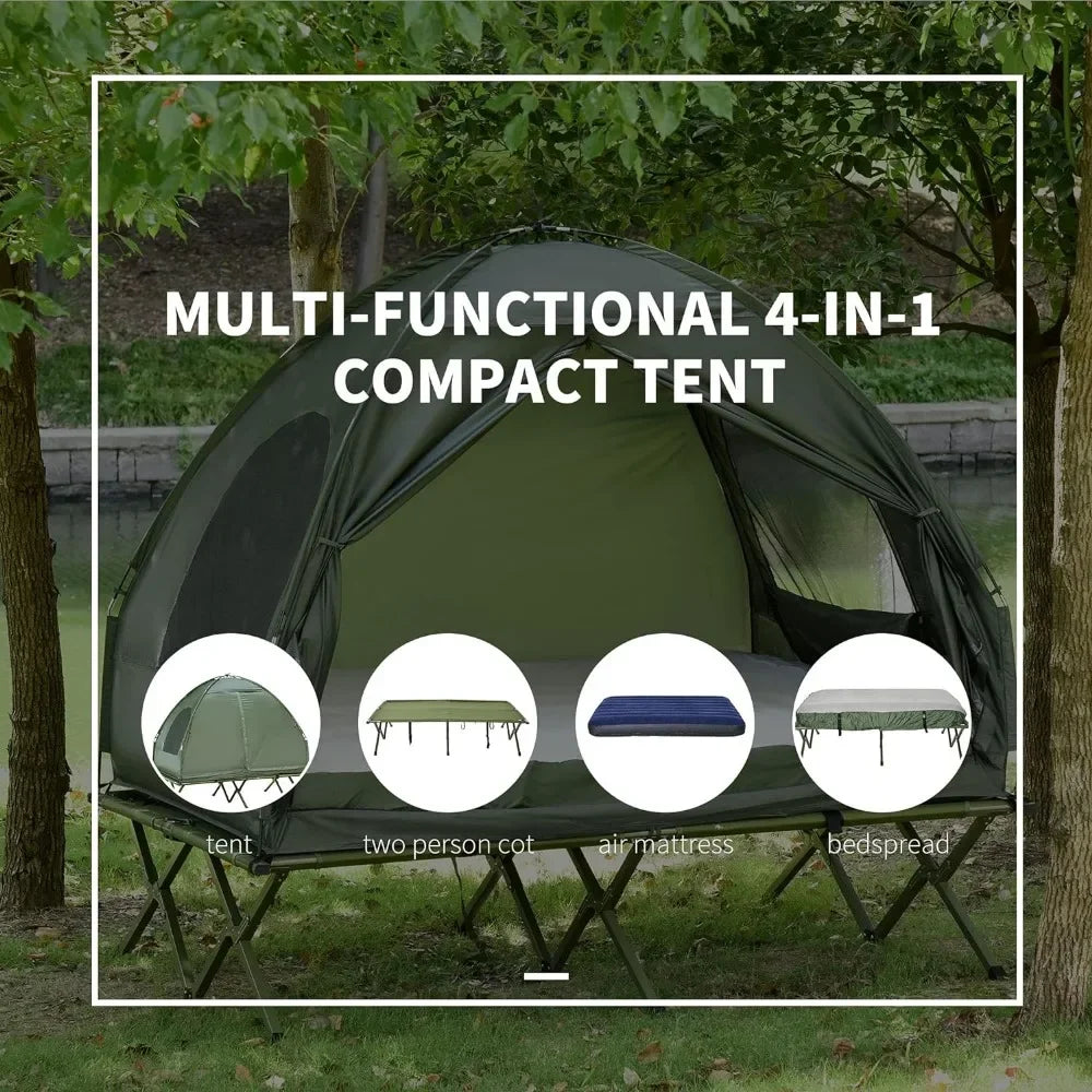 Foldable Camping Cot with Tent, Bedspread and Thick Air Mattress.