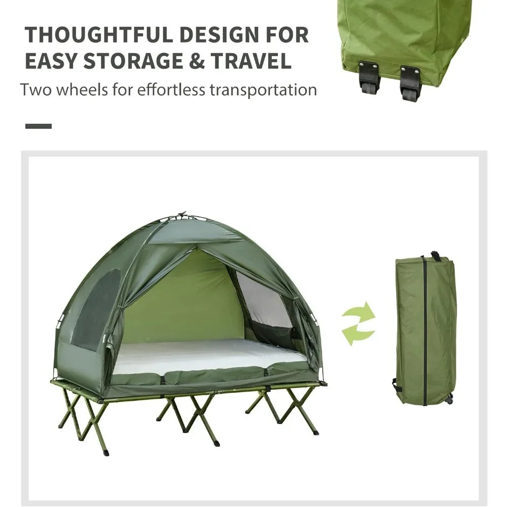 Foldable Camping Cot with Tent, Bedspread and Thick Air Mattress.