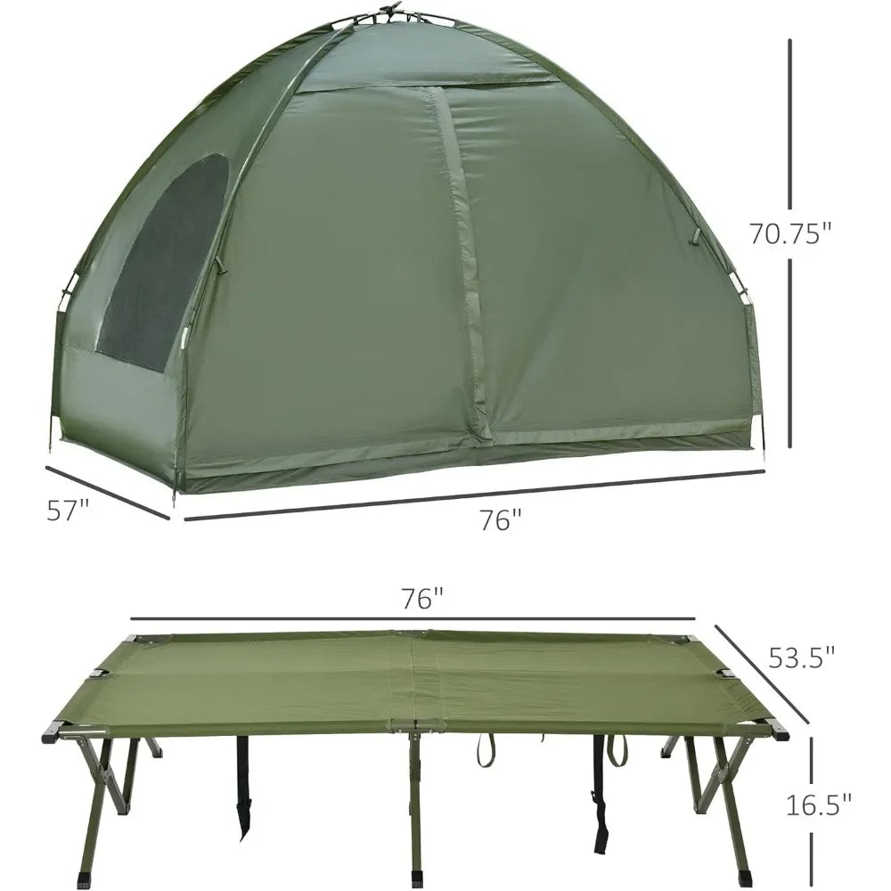 Foldable Camping Cot with Tent, Bedspread and Thick Air Mattress.