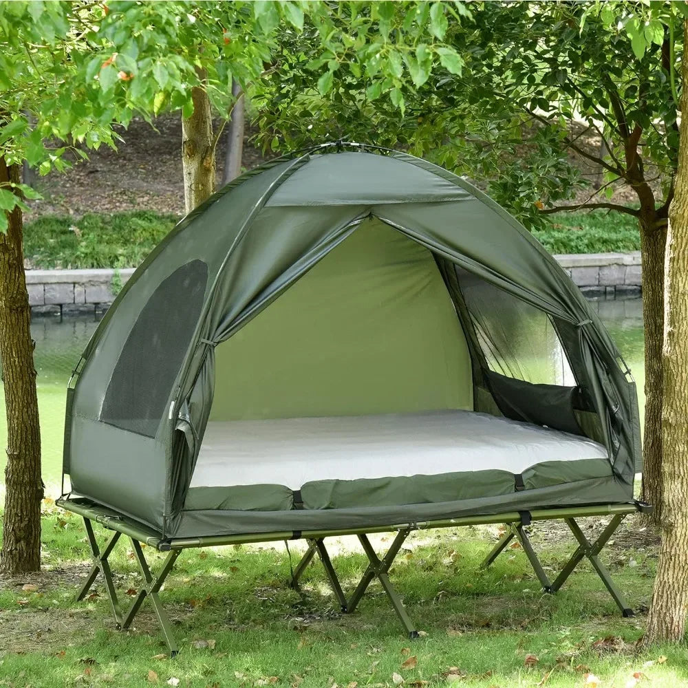 Foldable Camping Cot with Tent, Bedspread and Thick Air Mattress.