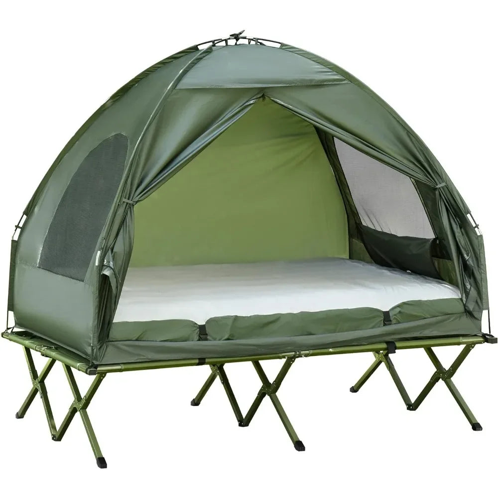 Foldable Camping Cot with Tent, Bedspread and Thick Air Mattress.