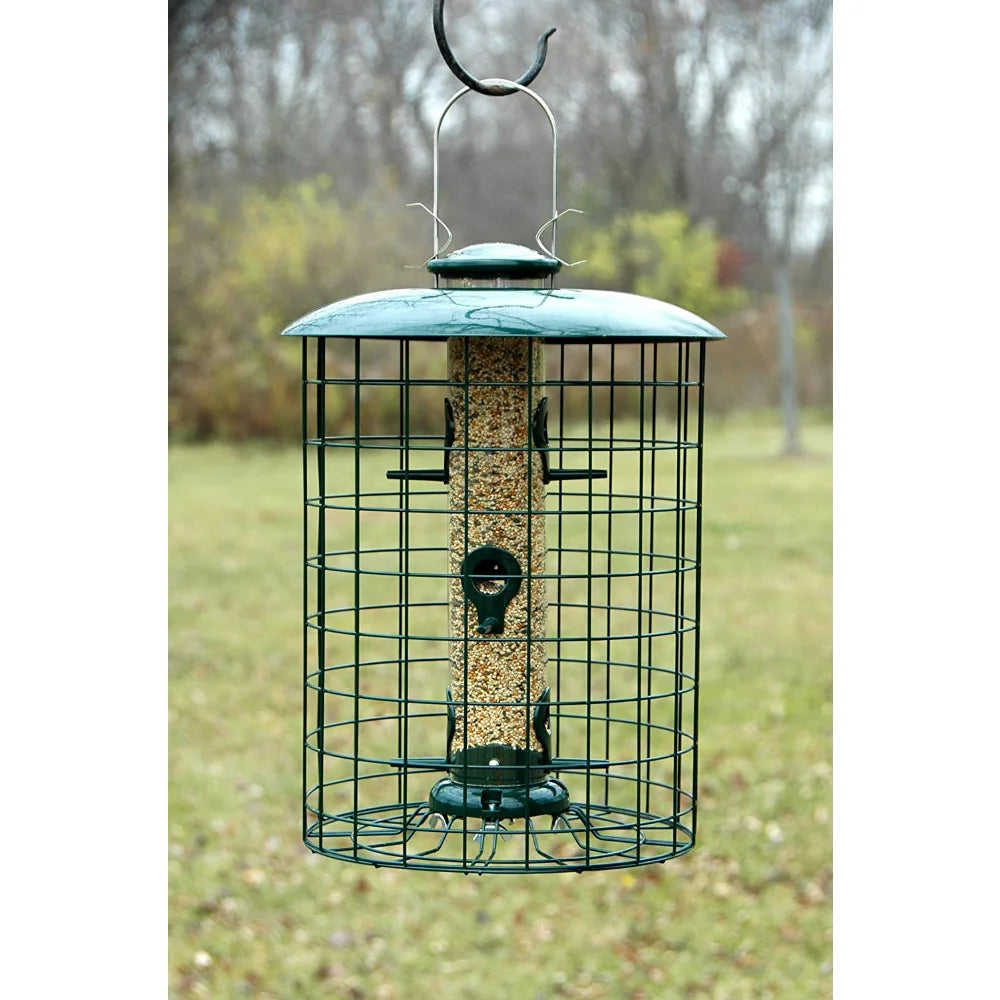 6-port Caged Squirrel Resistant Metal Cage Tube Bird Feeder, Green